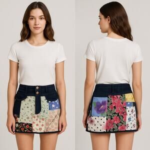 Boho Patchwork Denim Mini Skirt Y2K Retro Festival Style Size 6 New York & Co